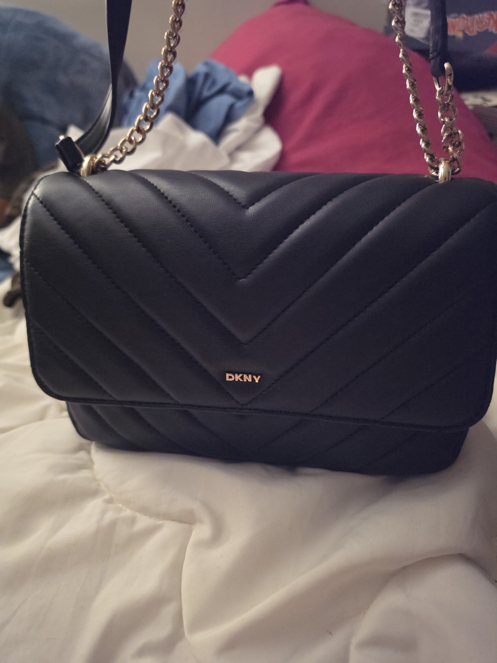 DKNY Black Quilted Chevron Crossbody with Gold Chain Strap